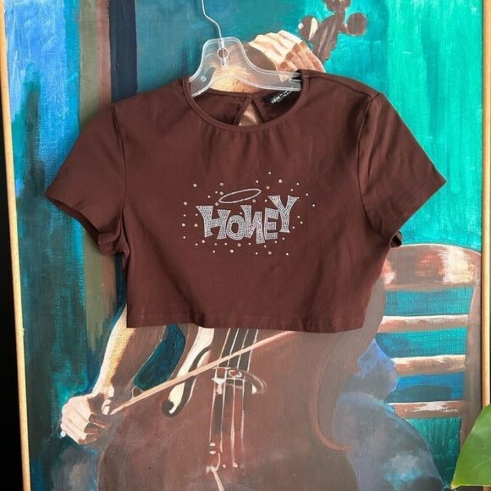 SHEIN Brown Crop Top with Rhinestone 'Honey' Design L
